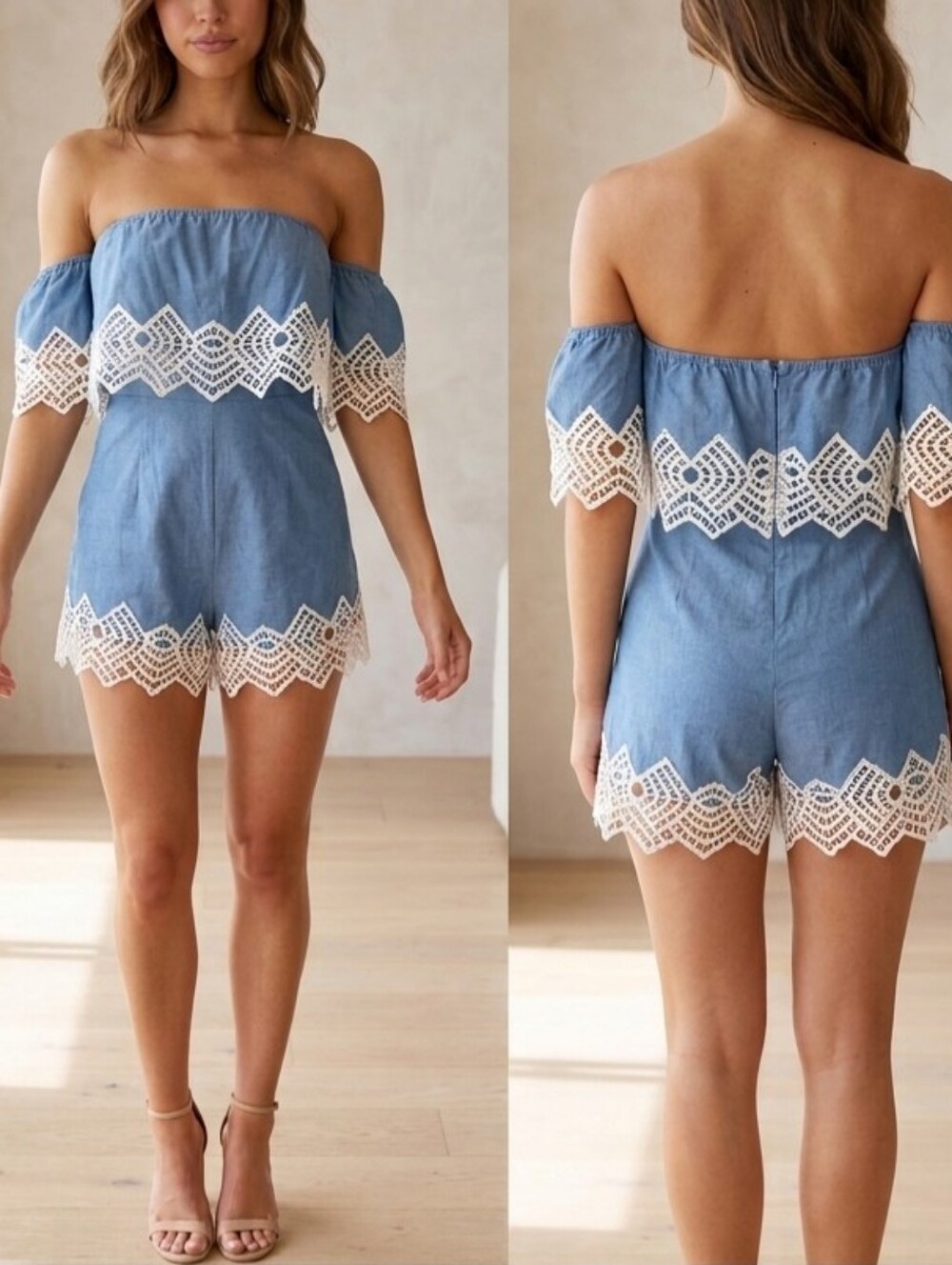 Bardot Blue Off-Shoulder Romper with Lace TrimBardot Blue Off-the-Shoulder Lace